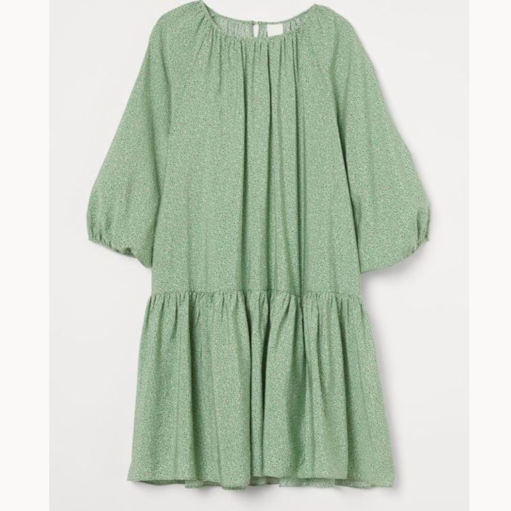 Green Floral Balloon Sleeve Dress